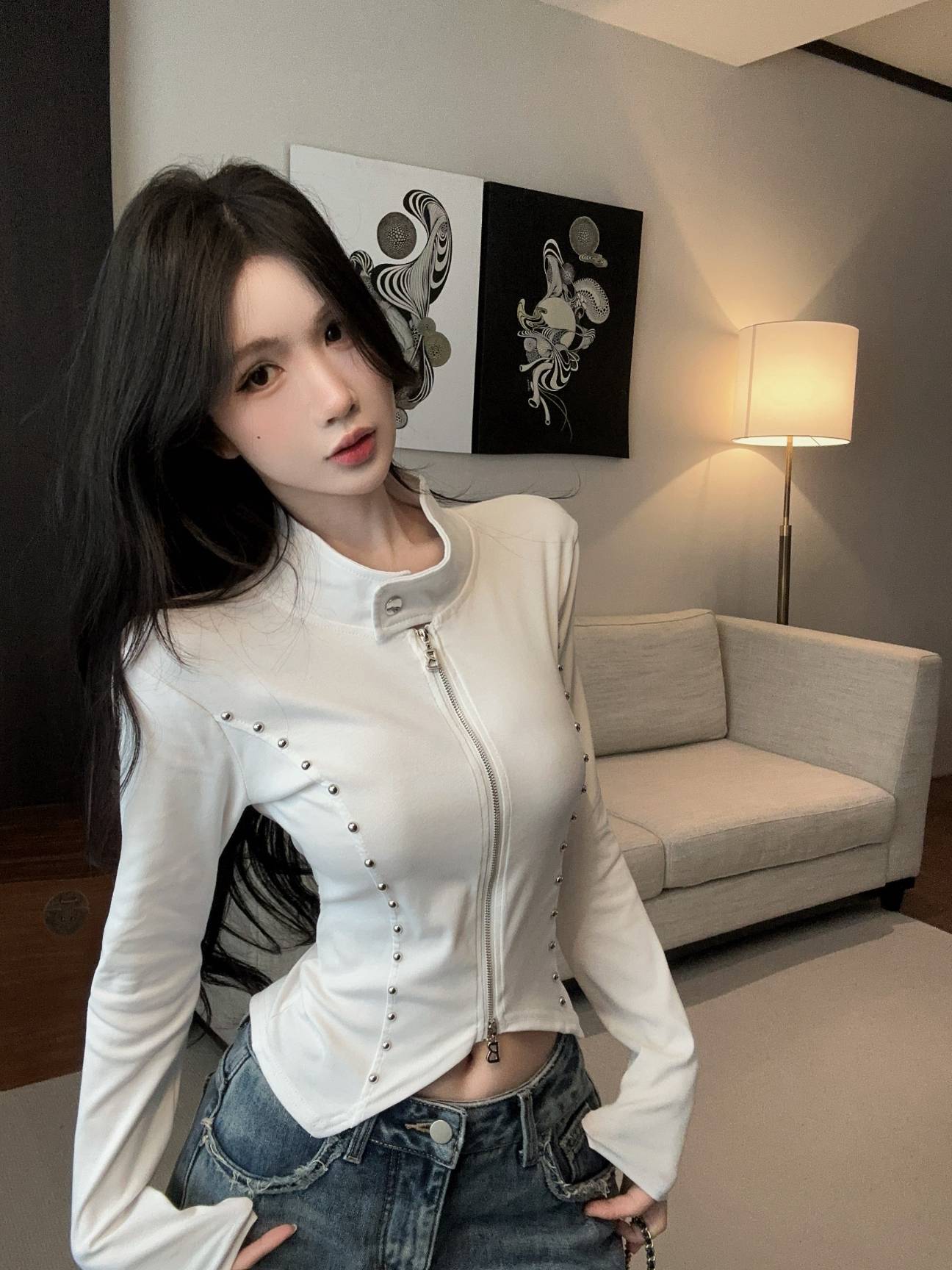 실사 새로운 디자인 센스 징 버클 몸매 가꾸기 Chic 오픈 가디건 허리 수축 더블 지퍼 쇼트 스타일 맨위 여성