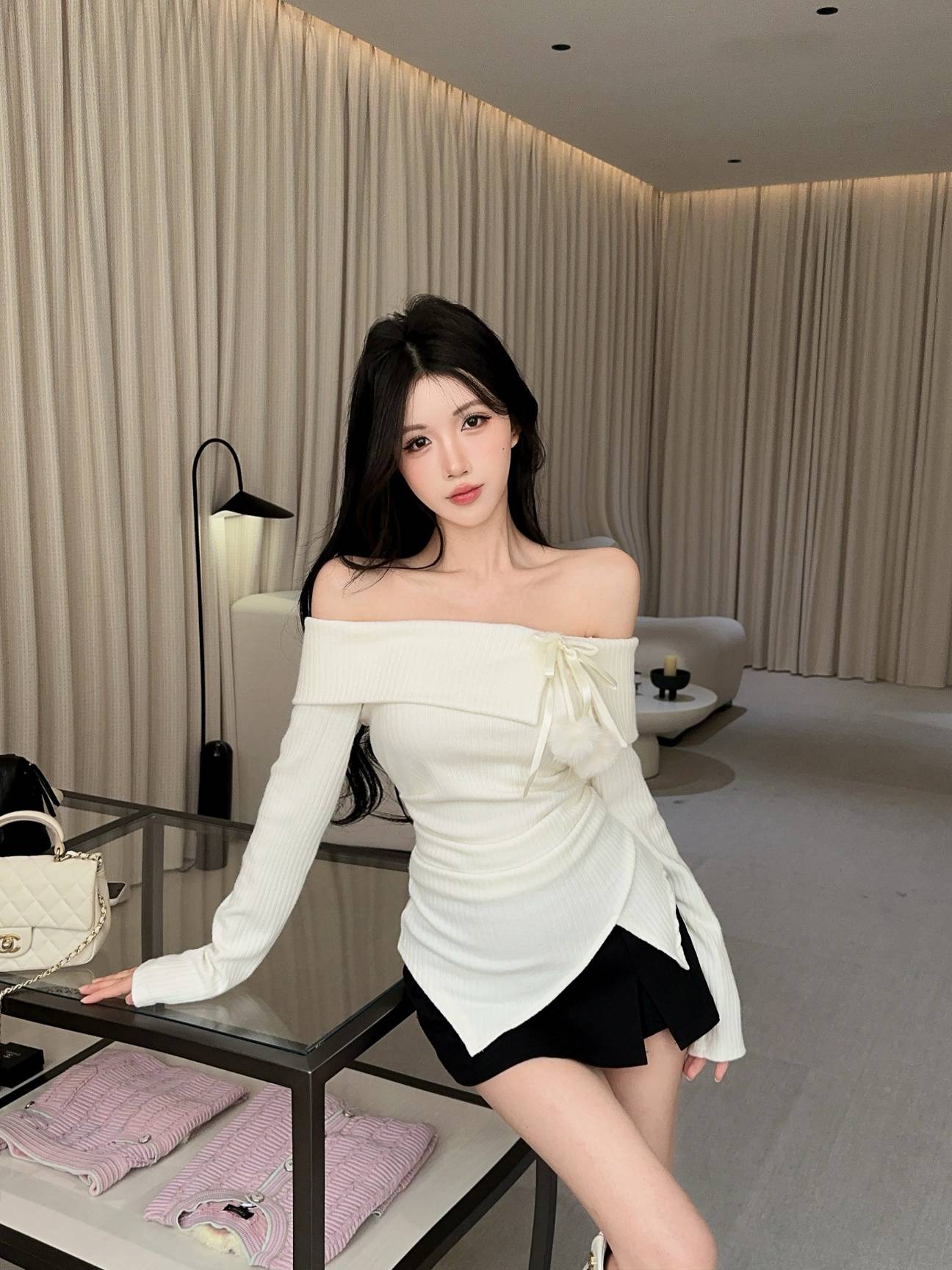 실사 새로운 순수한 욕망 핫걸 디자인 센스 불규칙 섹시함 오프숄더 나비 매듭 긴팔 맨위 여성