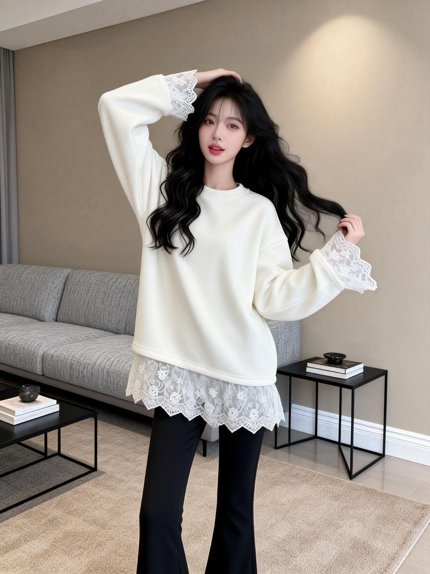 실사 봄 드레스 털이 있는 화이트 기본 셔츠 여성 인사이드 가져 가라. 루즈핏 표지 엉덩이 레이스 긴팔 티셔츠 맨위 ins