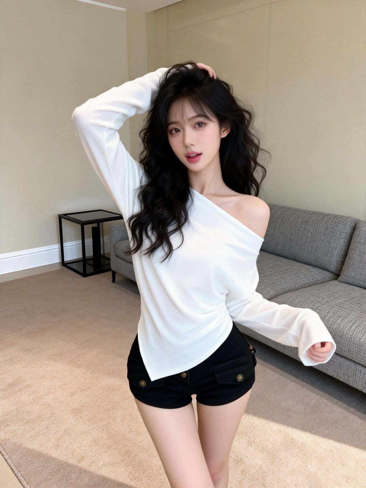 실사 봄 드레스 핫걸 순수한 욕망 바람 오프숄더 불규칙 작은 셔츠 여성 몸매 가꾸기 슬림해 보이는 맨위 만나는