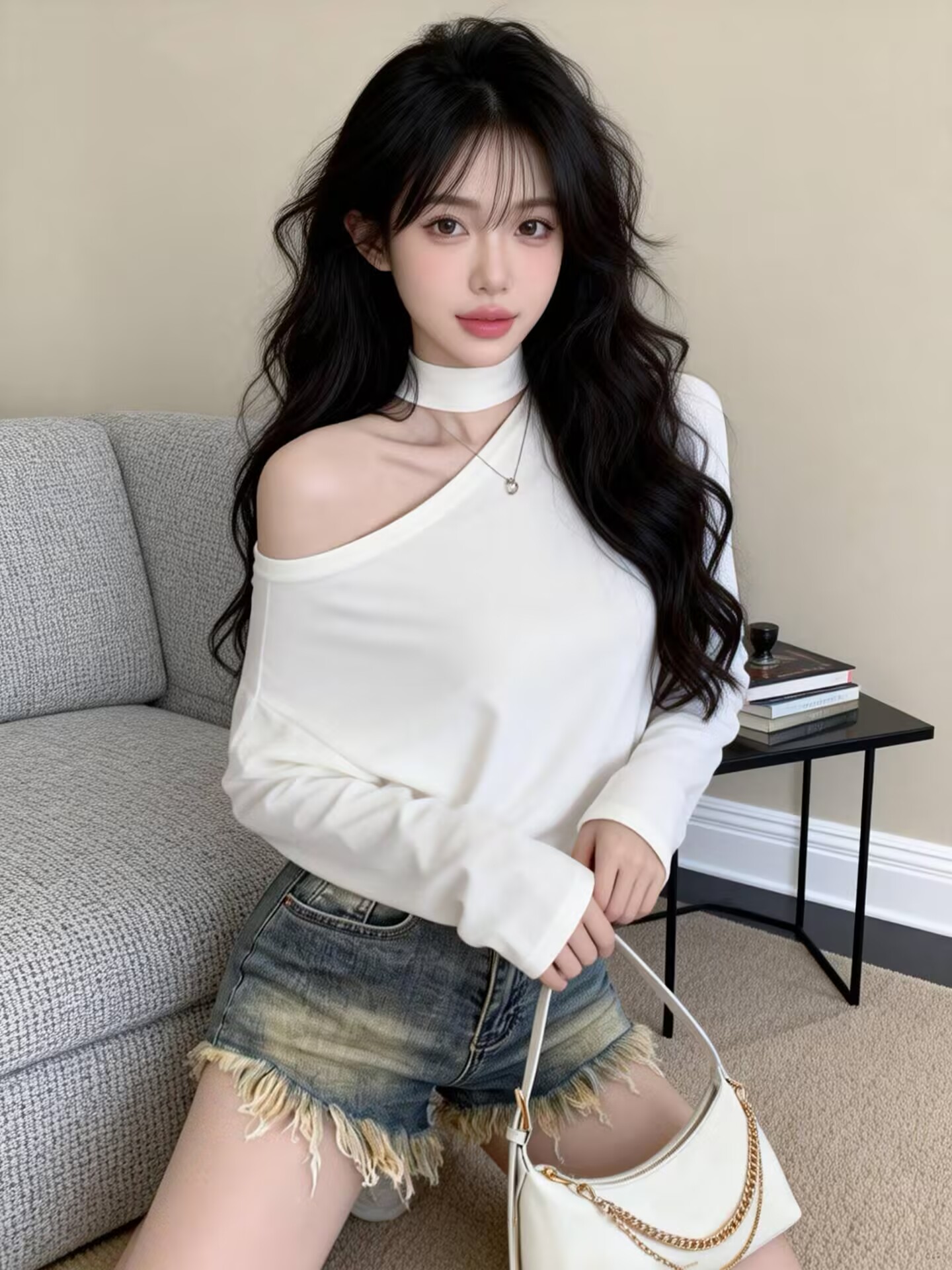 실사 봄 핫걸 순수한 욕망 디자인 센스 행침 목 홀로우 아웃 비스듬한 어깨 몸매 가꾸기 긴팔 기본 셔츠 맨위 여성