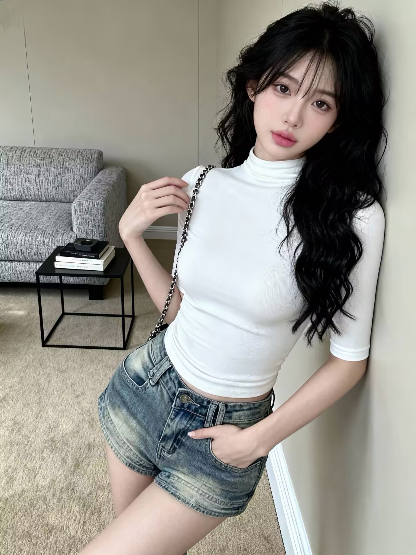 실사 봄 핫걸 순수한 욕망 반하이넥 중간 소매 몸매 가꾸기 디자인 허리 수축 품격 긍정적 인 어깨 의류 여성
