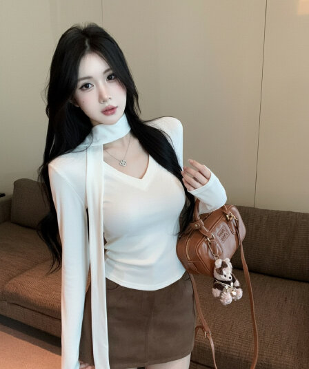 실사 봄 디자인 센스 허리 수축 슬림해 보이는 아름다운 V 칼라 긴팔 품격 긍정적 인 어깨 의류 리본 여성