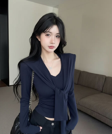실사 새로운 핫걸 순수한 욕망 V 칼라 긴팔 몸매 가꾸기 디자인 허리 수축 품격 긍정적 인 어깨 의류 숄 여성