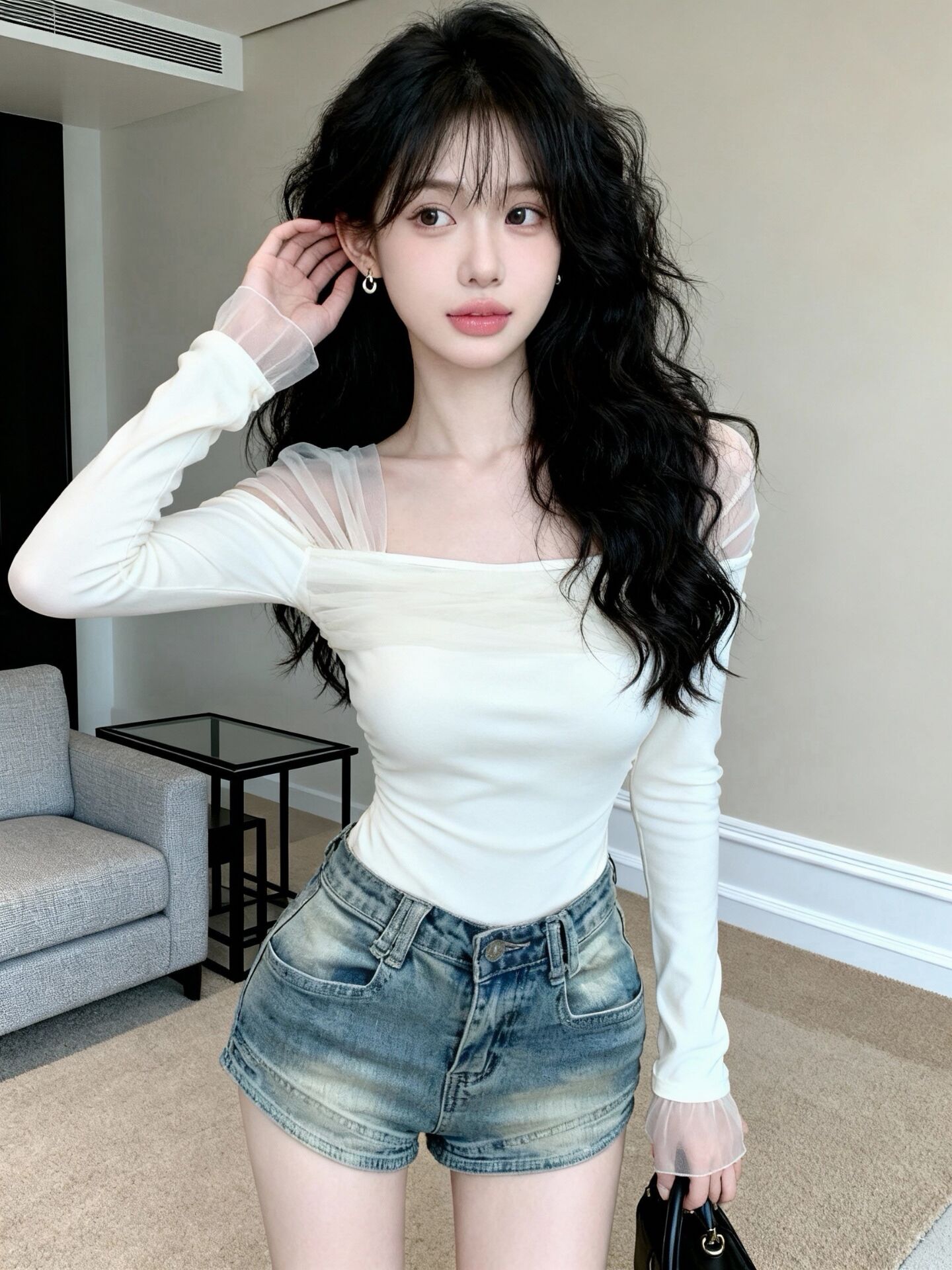 실사 봄 망사 패치워크 광장 칼라 긴팔 티셔츠 여성 아름다운 그레이트 봐라. 만나는 맨위