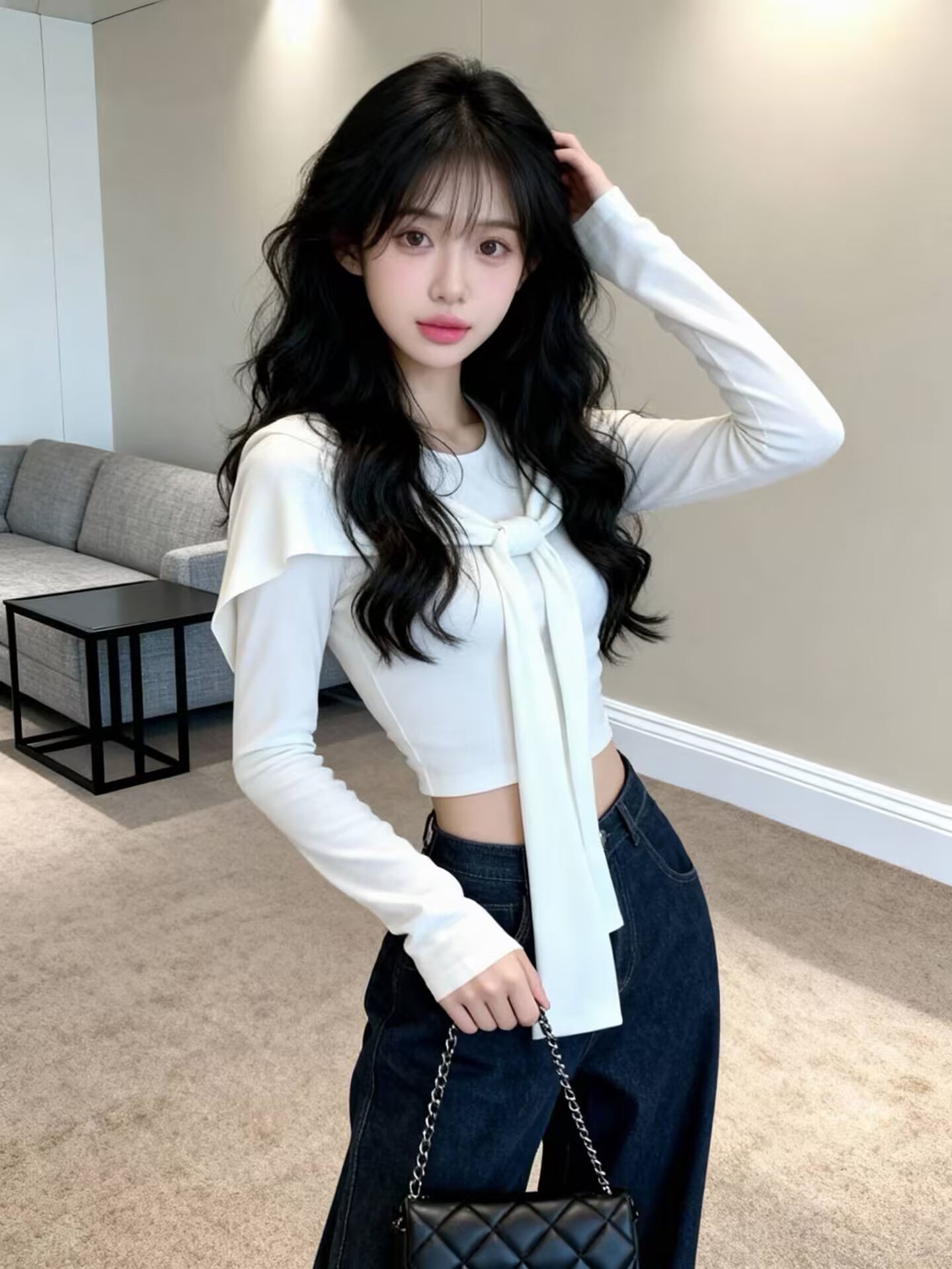 실사 봄 핫걸 순수한 욕망 라운드 넥 긴팔 몸매 가꾸기 디자인 허리 수축 품격 티셔츠 맨위 숄 여성