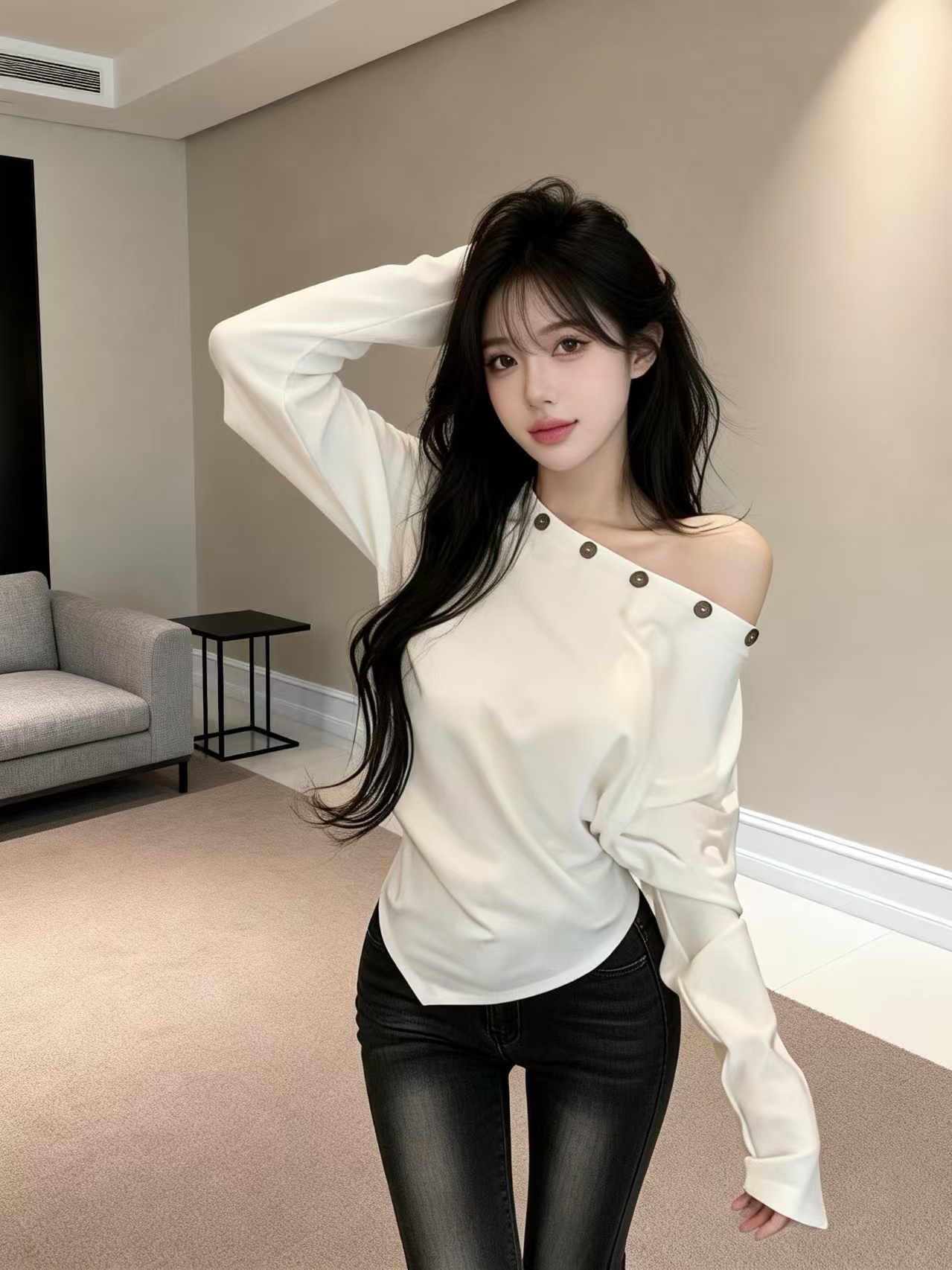 실사 봄 못 버클 디자인 허리 수축 품격 비스듬한 어깨 불규칙 긴팔 기본 셔츠 맨위 여성