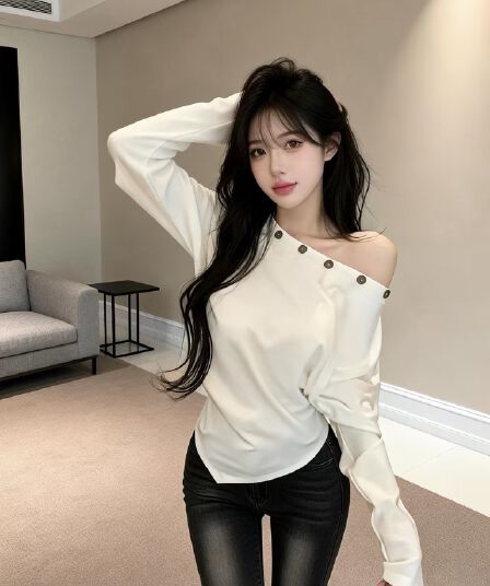 실사 봄 못 버클 디자인 허리 수축 품격 비스듬한 어깨 불규칙 긴팔 기본 셔츠 맨위 여성