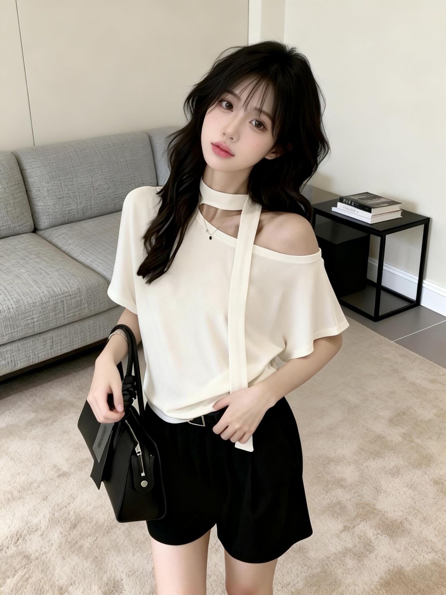 실사 새로운 핫걸 순수한 욕망 디자인 센스 스트랩 행침 목 홀로우 아웃 비스듬한 어깨 몸매 가꾸기 반팔 기본 셔츠 맨위 여성