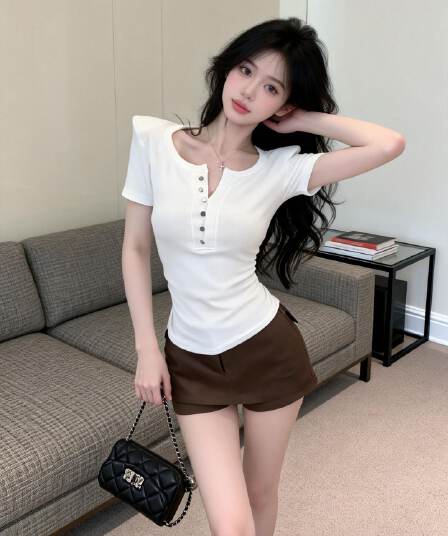 실사 새로운 순수한 욕망 핫걸 디자인 센스 가슴 버튼 뒤로 레이스 조각 티셔츠 맨위 여성