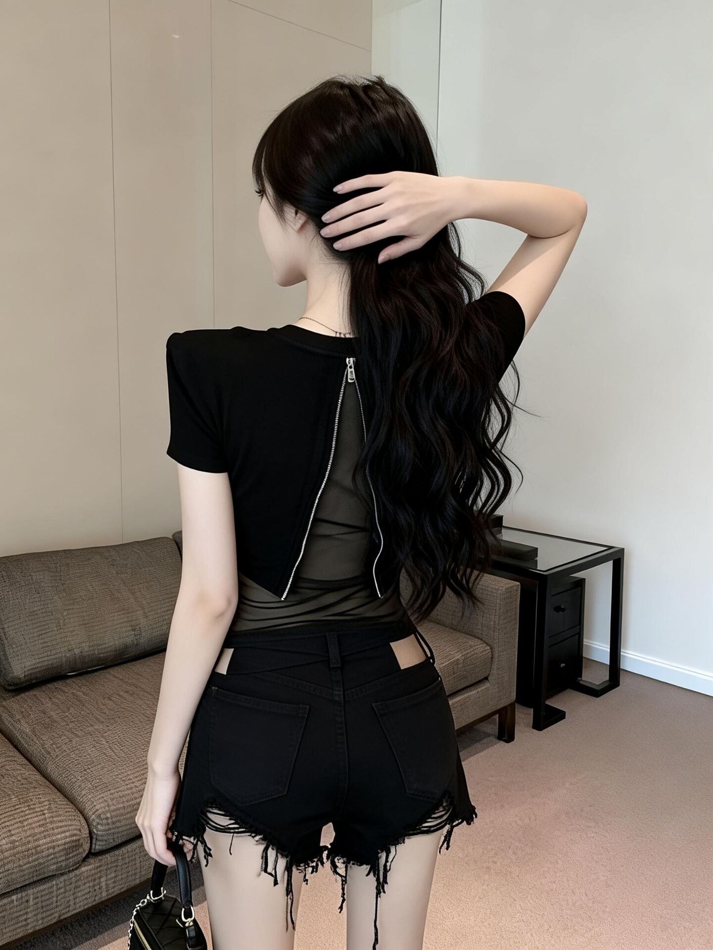 실사 새로운 디자인 센스 핫걸 뒤로 망사 패치워크 지퍼 반팔 t 외부 가져 가라. 기본 셔츠 맨위