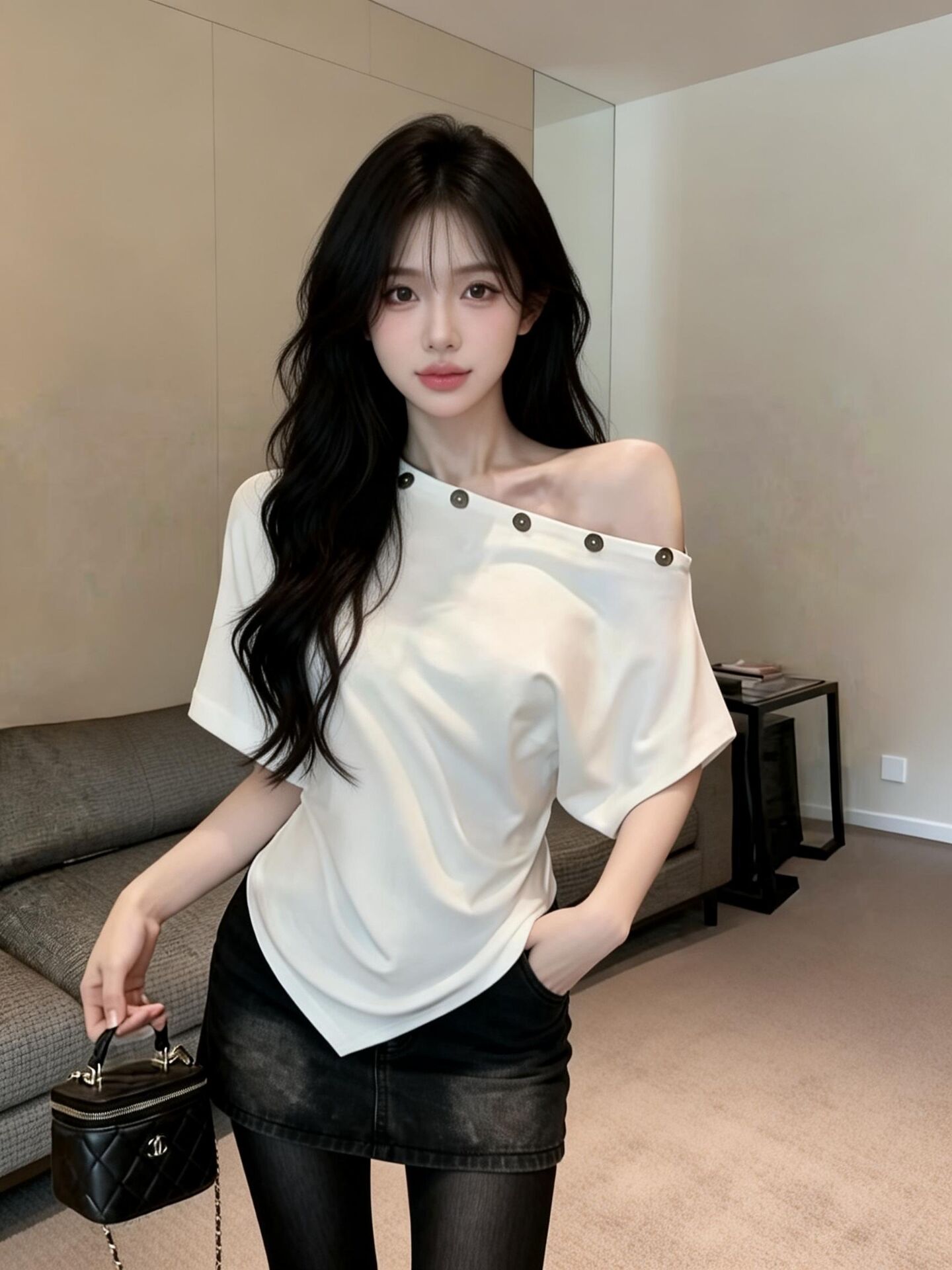 실사 새로운 디자인 센스 허리 수축 품격 못 버클 비스듬한 어깨 불규칙 반팔 기본 셔츠 맨위 여성