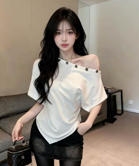 실사 새로운 디자인 센스 허리 수축 품격 못 버클 비스듬한 어깨 불규칙 반팔 기본 셔츠 맨위 여성