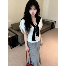 批发实拍 新款V领蝙蝠短袖收腰上衣+披肩+高腰<b class='q'>条纹</b>鱼尾裙三件套女