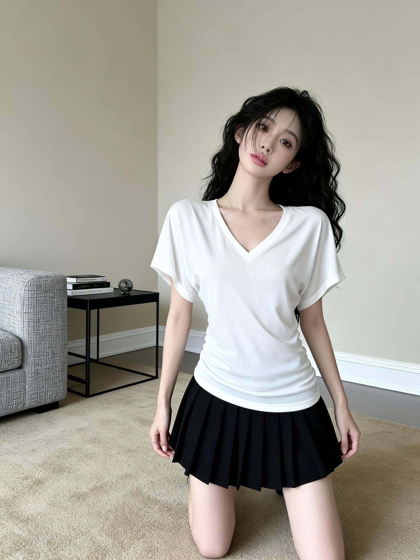 실사 새로운 핫걸 순수한 욕망 V 칼라 루즈핏 반팔 주름 디자인 허리 수축 품격 긍정적 인 어깨 의류