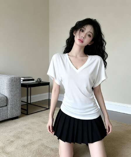 실사 새로운 핫걸 순수한 욕망 V 칼라 루즈핏 반팔 주름 디자인 허리 수축 품격 긍정적 인 어깨 의류