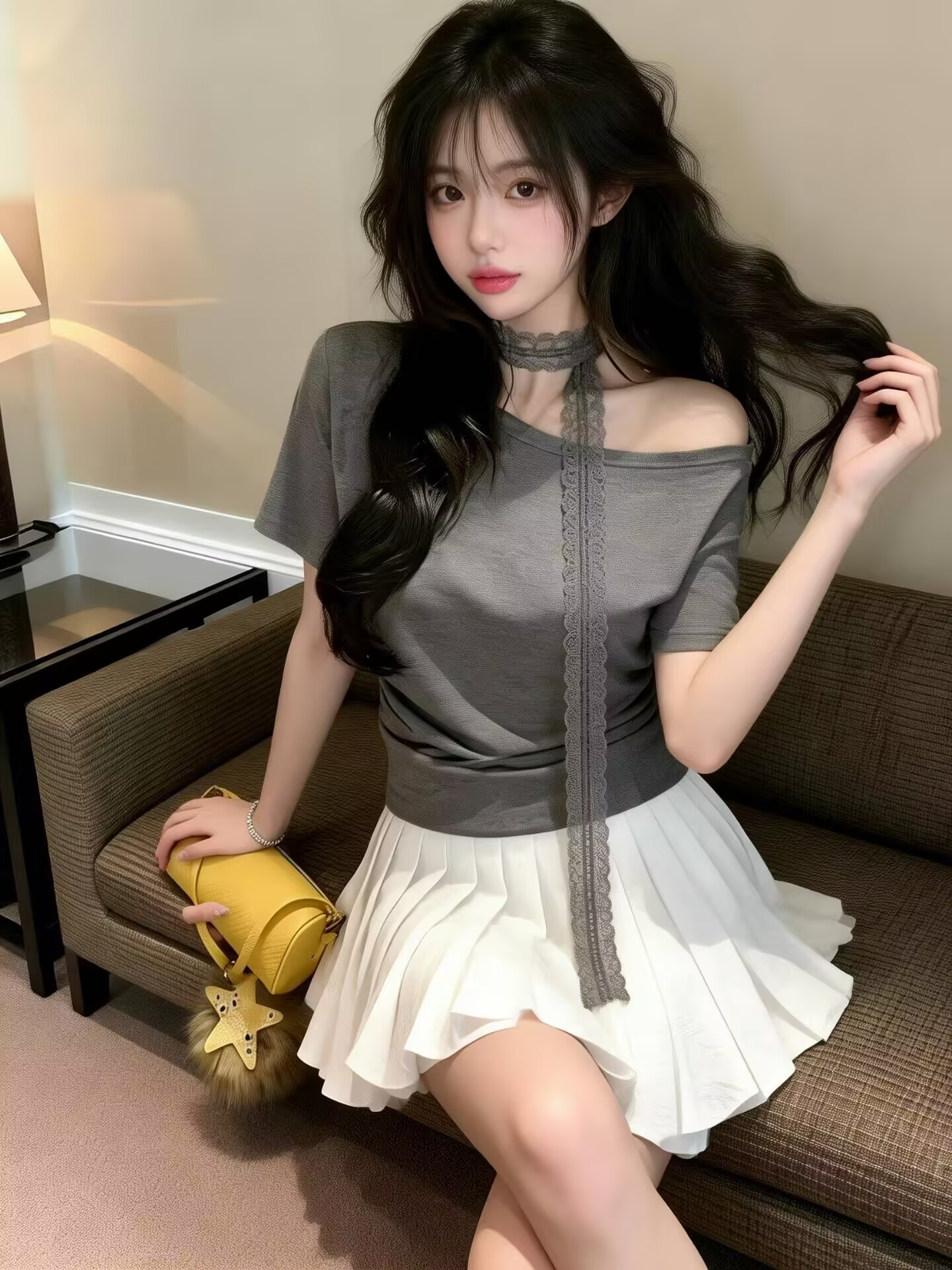 실사 새로운 핫걸 순수한 욕망 디자인 센스 레이스 스트랩 비스듬한 어깨 몸매 가꾸기 반팔 기본 셔츠 맨위 여성