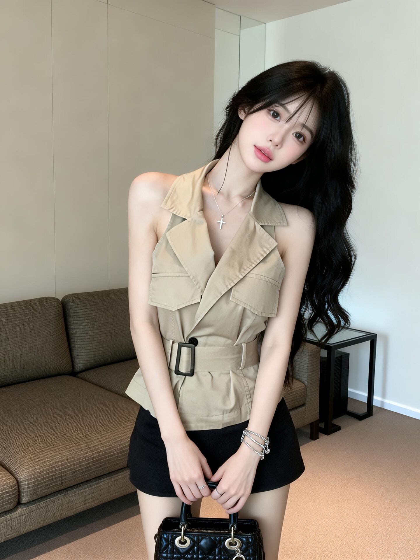 실사 새로운 무거운 작업 디자인 센스 더블 주머니 표지 장식 poio 칼라 슬림해 보이는 조끼 셔츠 벨트 포함