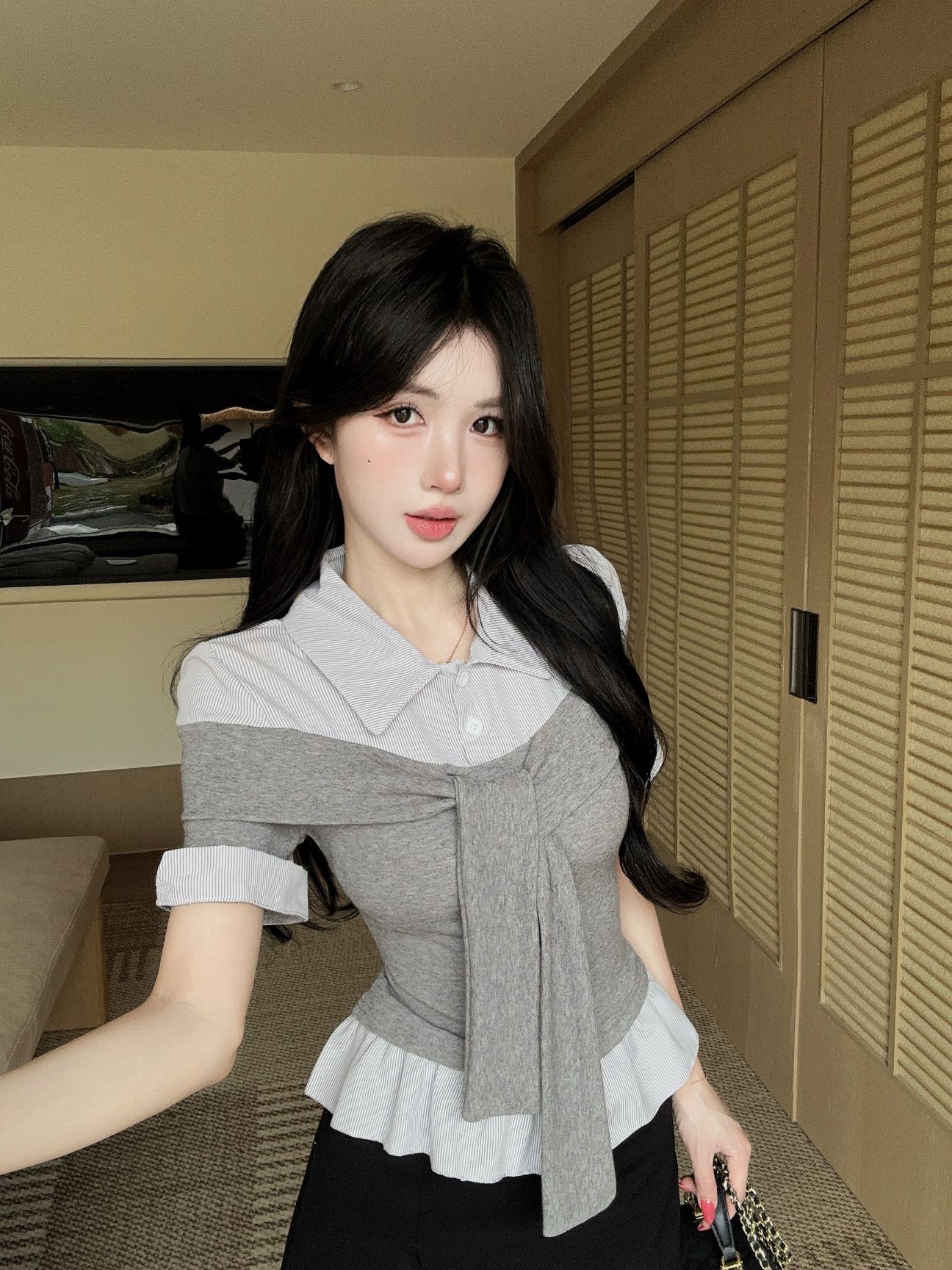 실사 새로운 한 부서 학원 스타일 폴로 칼라 페이크 레이어드 반팔 여성 셔츠 품격 연령 감소 맨위 티셔츠
