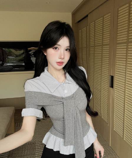 실사 새로운 한 부서 학원 스타일 폴로 칼라 페이크 레이어드 반팔 여성 셔츠 품격 연령 감소 맨위 티셔츠