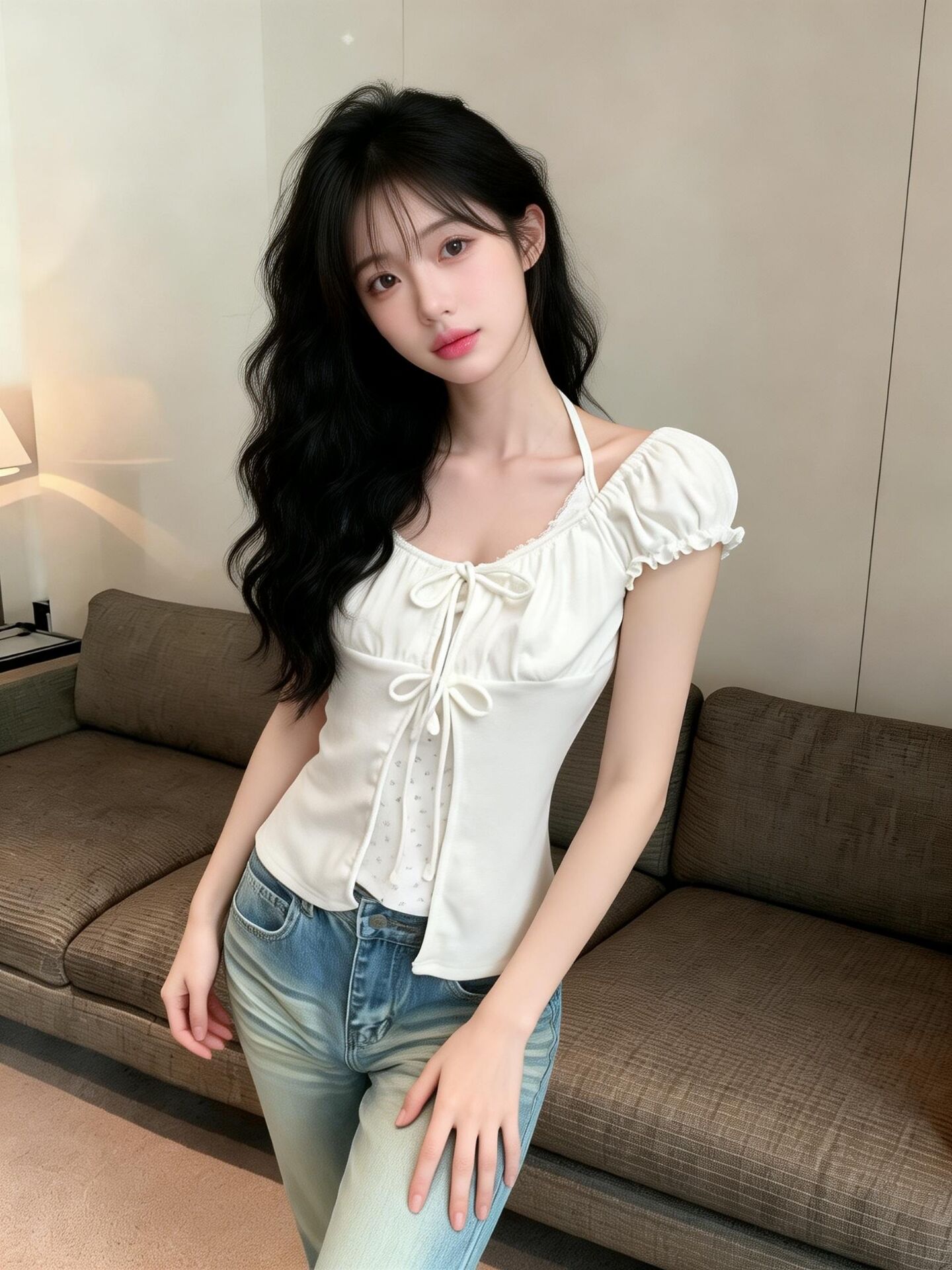 실사 새로운 한 부서 달콤함 꽃무늬 뒤로 홀로우 아웃 레이스업 작은 날다 소매 페이크 레이어드 맨위 여성
