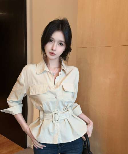 실사 새로운 순수한 욕망 핫걸 무거운 작업 디자인 센스 더블 주머니 장식 여성 셔츠 벨트 포함