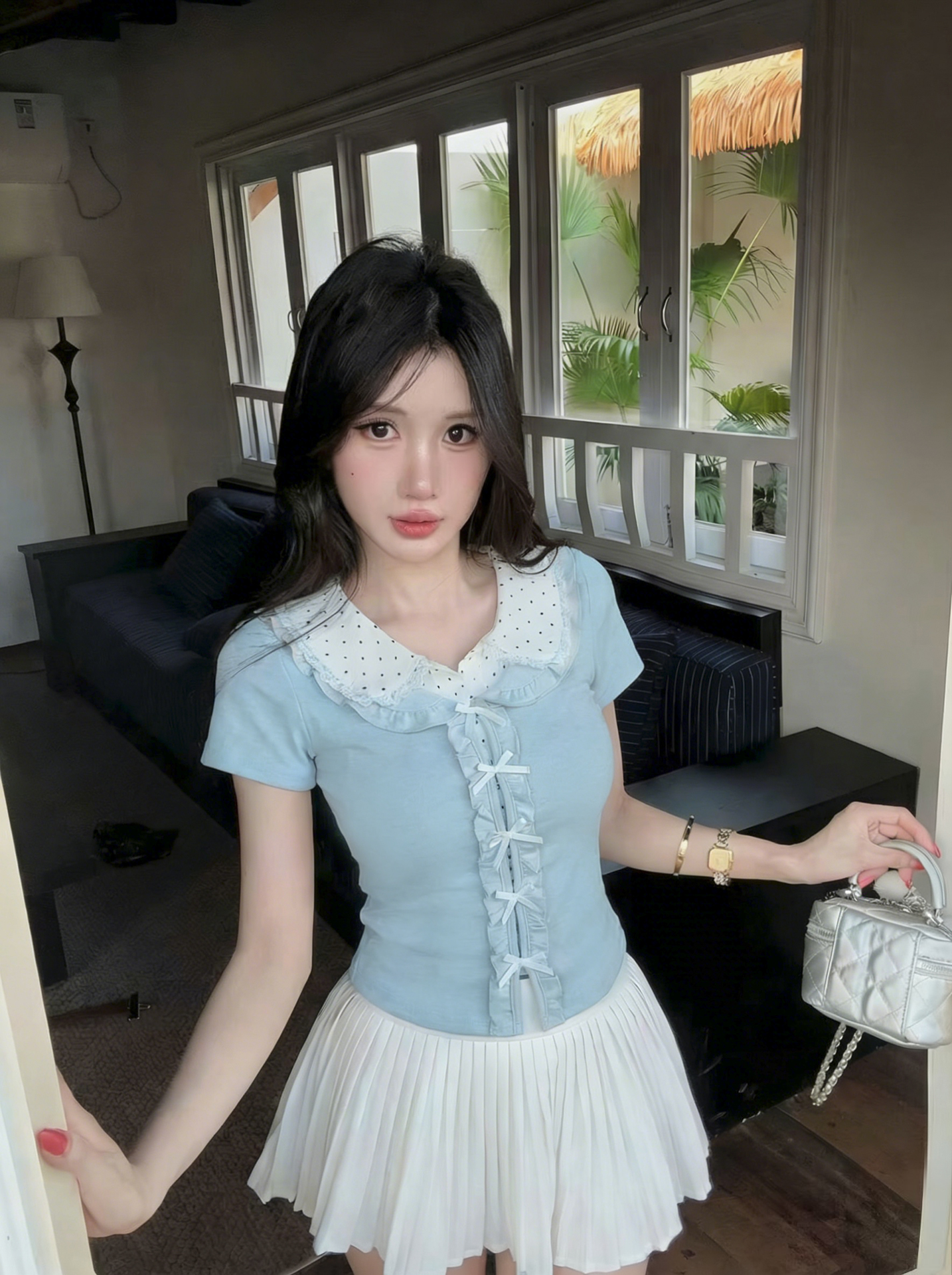 실사 새로운 순수한 욕망 달콤함 도트 무늬 작은 대중 디자인 센스 페이크 레이어드 쇼트 스타일 레이스 나비 매듭 맨위 여성