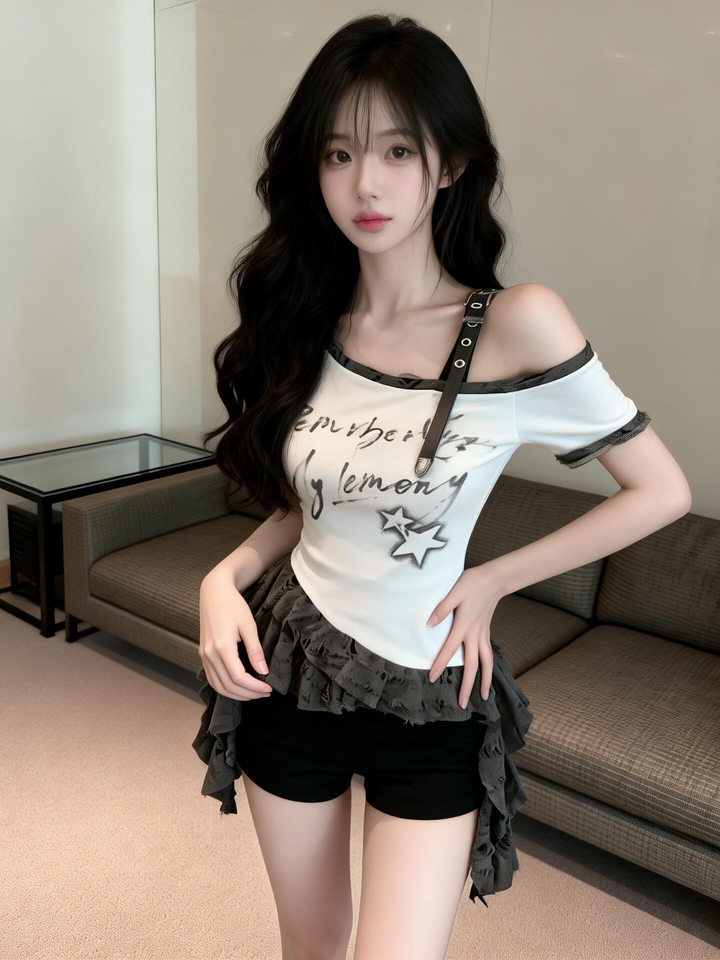 실사 새로운 핫걸 바람 허리 수축 슬림해 보이는 다용도 아메리칸 카모플라주 프린트 비스듬한 어깨 반팔 티셔츠 여성