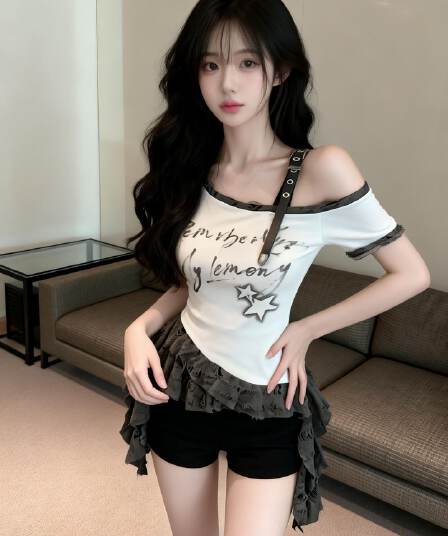 실사 새로운 핫걸 바람 허리 수축 슬림해 보이는 다용도 아메리칸 카모플라주 프린트 비스듬한 어깨 반팔 티셔츠 여성