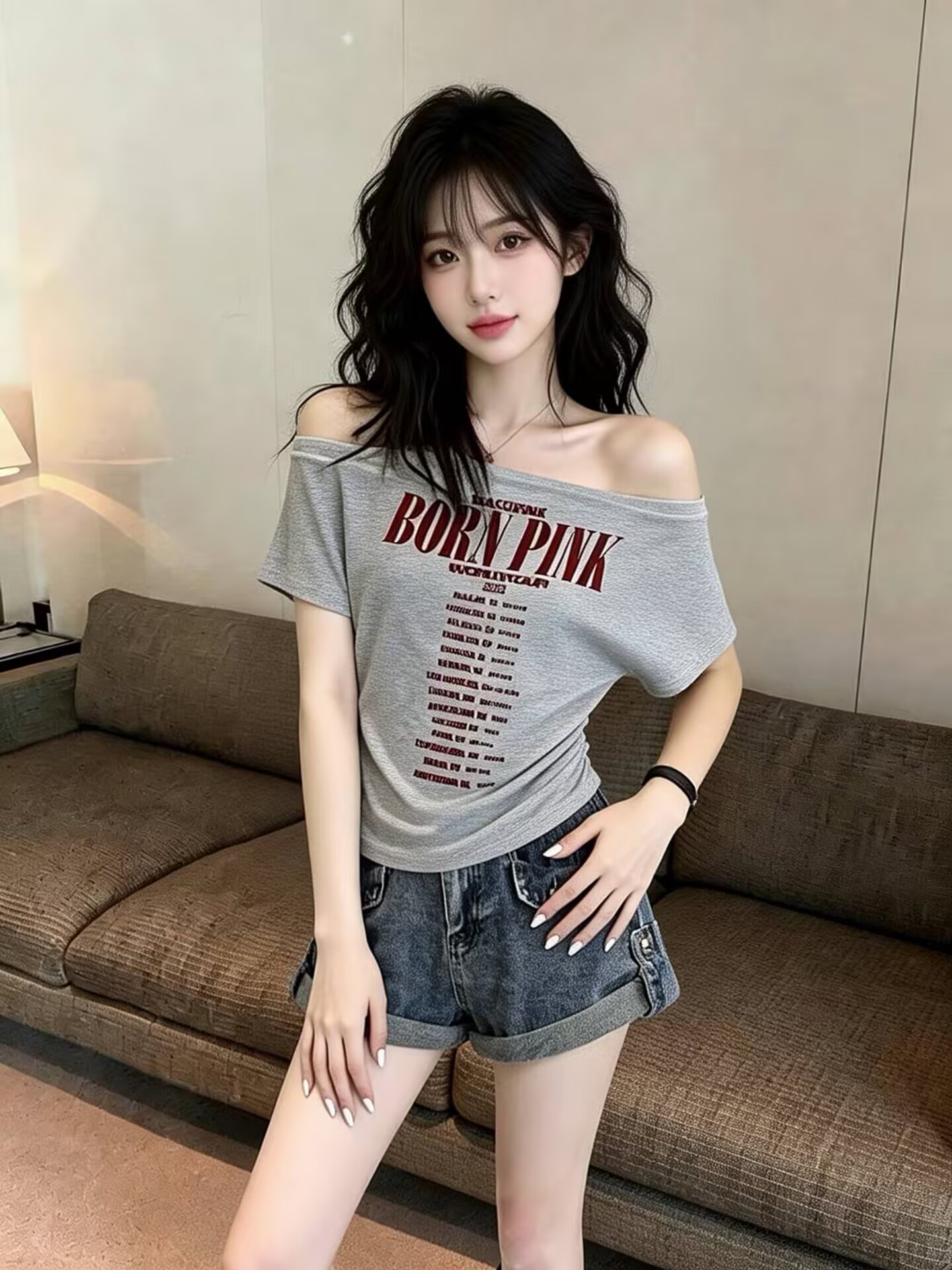 실사 새로운 순수한 욕망 핫걸 비스듬한 어깨 알파벳 프린트 반팔 티셔츠 다용도 전후 둘 착용 ins 맨위 여성