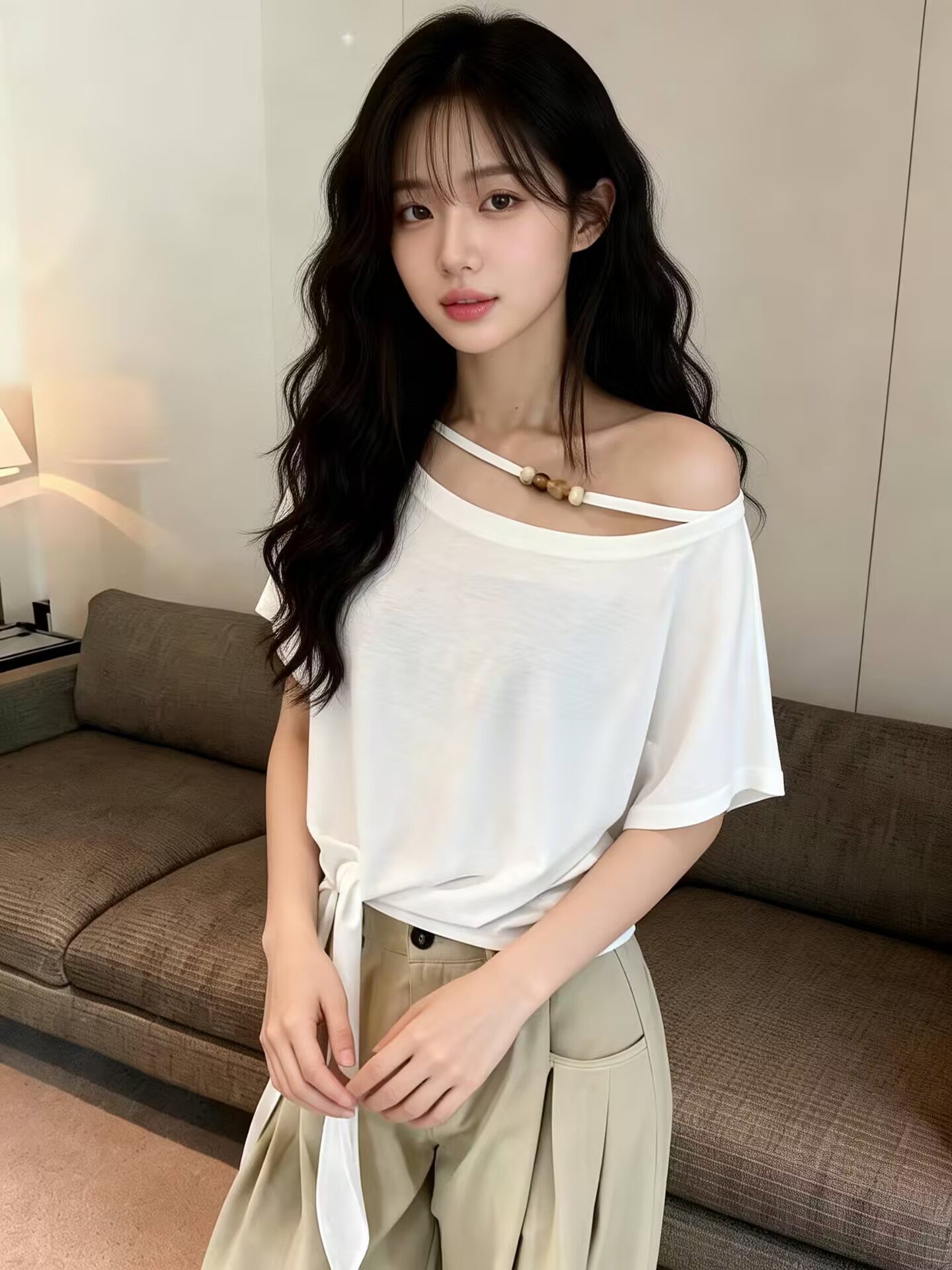 실사 새로운 고유 한 슈퍼 잘 생긴 불규칙 밑단 스트랩 한 단어 비스듬한 어깨 반팔 티셔츠 맨위 여성
