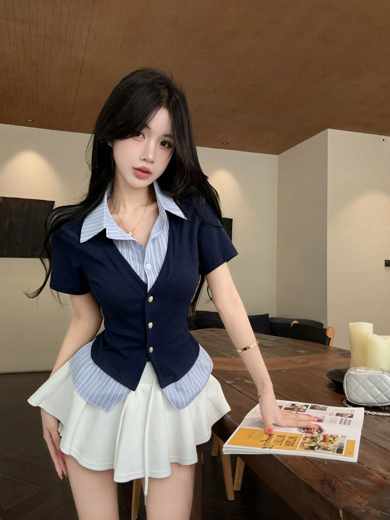 실사 새로운 한 부서 학원 스타일 폴로 칼라 페이크 레이어드 반팔 여성 셔츠 품격 연령 감소 맨위 티셔츠