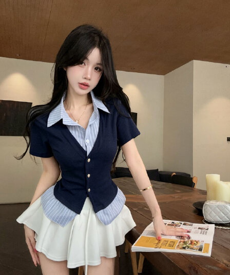 실사 새로운 한 부서 학원 스타일 폴로 칼라 페이크 레이어드 반팔 여성 셔츠 품격 연령 감소 맨위 티셔츠