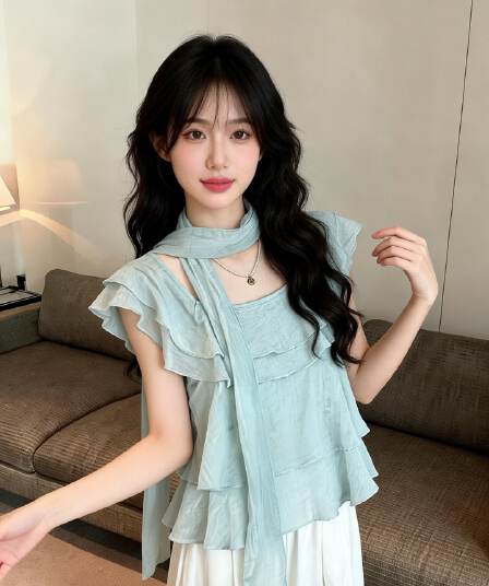 실사 새로운 프랑스식 광장 칼라 프릴 리본 작은 날다 소매 여성 셔츠 디자인 센스 루즈핏 연령 감소 맨위
