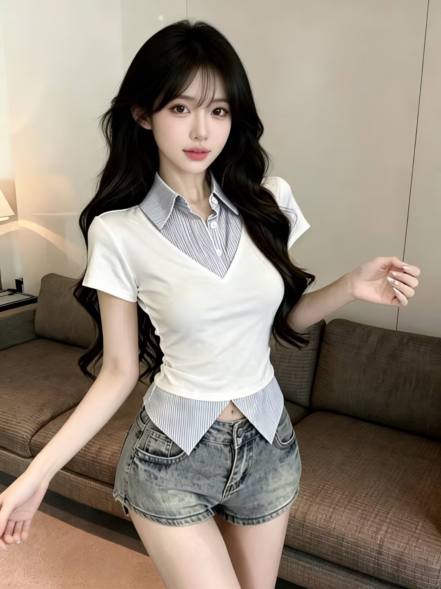 실사 새로운 디자인 센스 작은 대중 셔츠 칼라 페이크 레이어드 패치워크 반팔 품격 연령 감소 티셔츠 맨위 여성