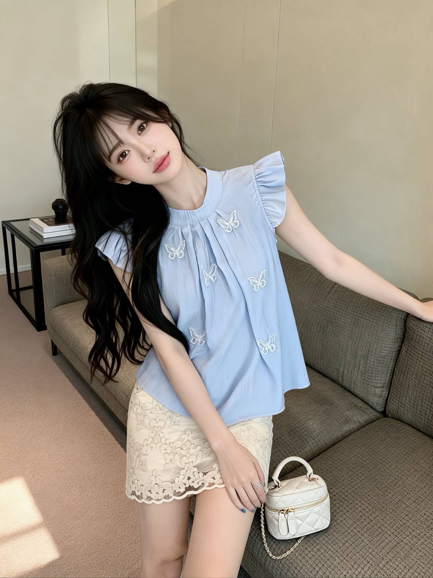 실사 새로운 자이언트 잘 생긴 품격 프랑스식 나비 디자인 센스 프릴 Feifei 소매 3 차원 여성 셔츠