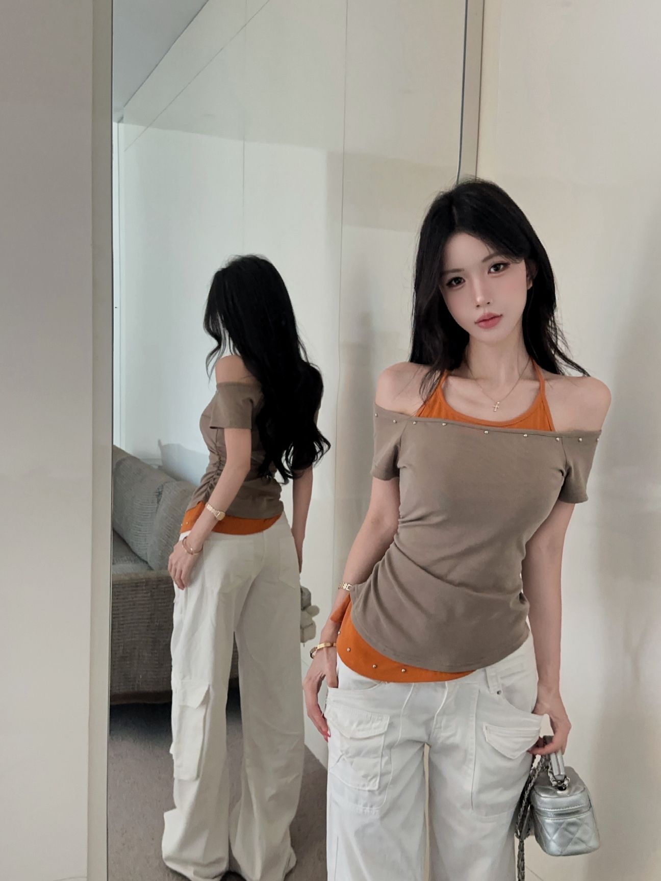 실사 새로운 자이언트 잘 생긴 품격 고유 한 징 디자인 센스 행침 목 반팔 페이크 레이어드 맨위 여성