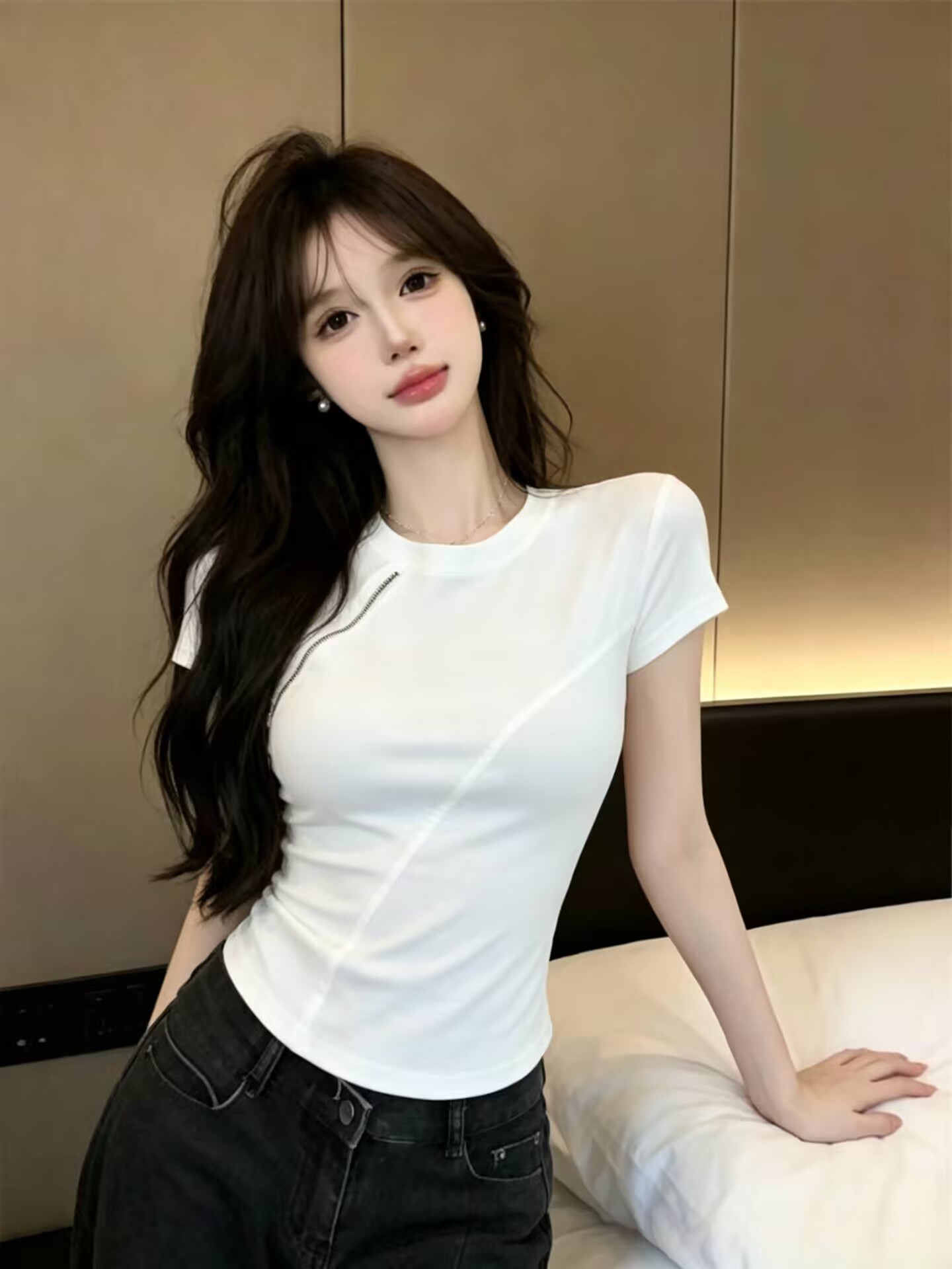 실사 새로운 고유 한 디자인 센스 더블 지퍼 반팔 세련된 외국 가스 다용도 몸매 가꾸기 슬림해 보이는 맨위 여성