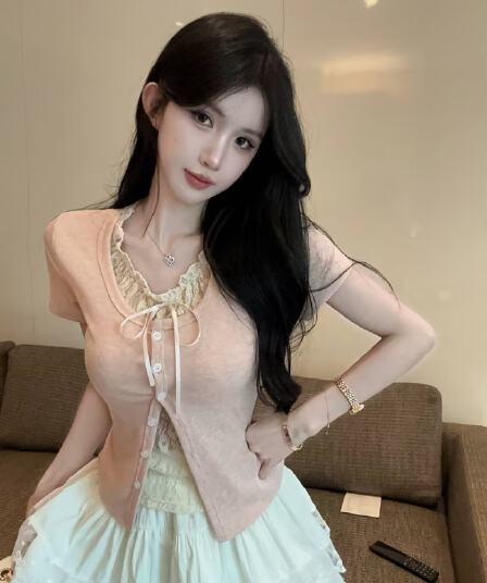 실사 새로운 순수한 욕망 핫걸 디자인 센스 페이크 레이어드 라운드 넥 나비 매듭 레이스 반팔 맨위 여성