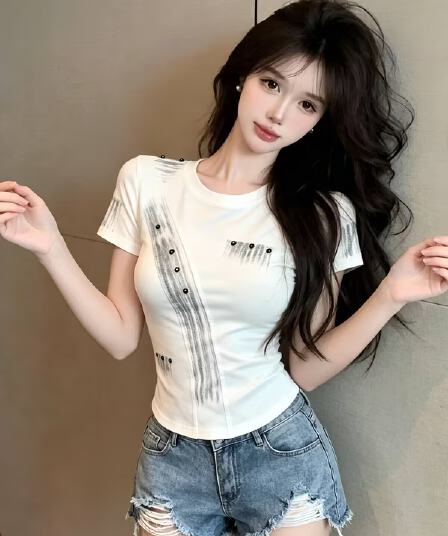 실사 새로운 자이언트 잘 생긴 디자인 센스 프린트 배색 몸매 가꾸기 반팔 핫걸 쇼트 스타일 품격 티셔츠 맨위 여성
