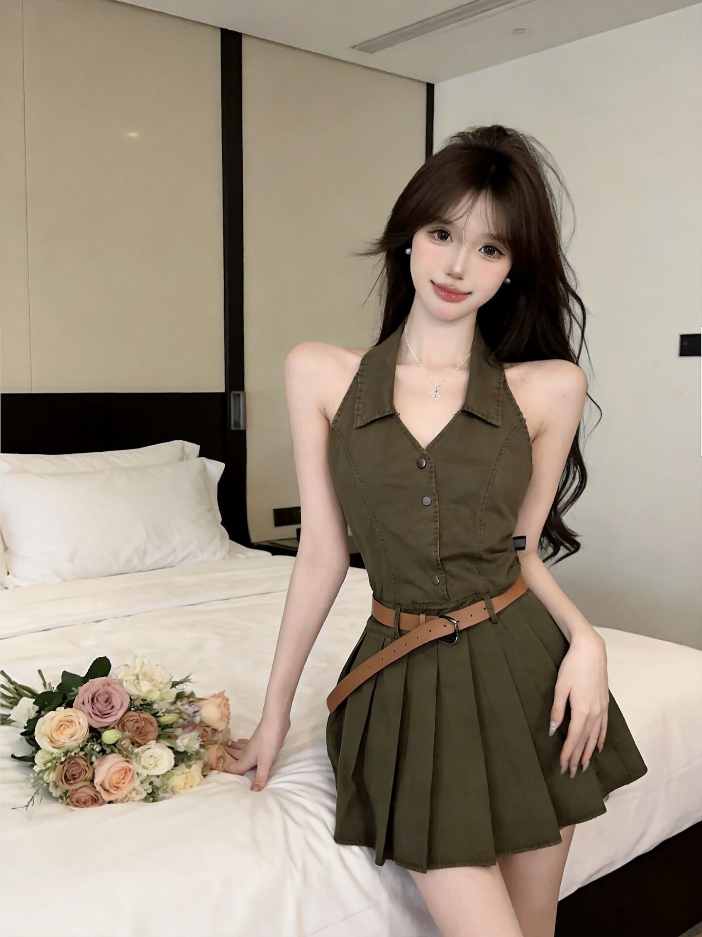실사 새로운 핫걸 고유 한 디자인 센스 행침 목 오프숄더 허리 수축 조끼 데님 여성 드레스 벨트