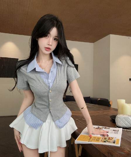 실사 새로운 디자인 센스 작은 대중 셔츠 칼라 페이크 레이어드 패치워크 반팔 품격 연령 감소 티셔츠 맨위 여성