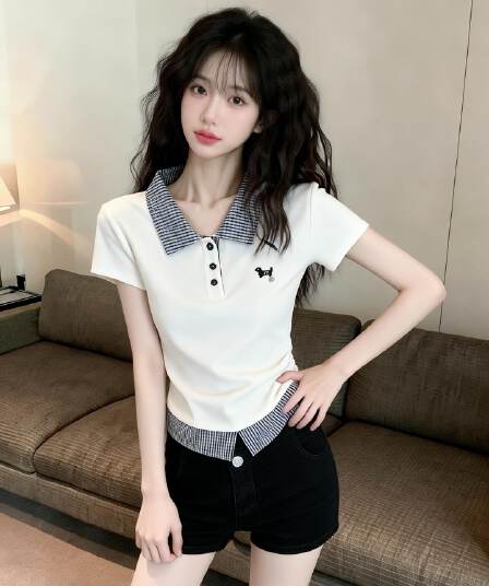 실사 새로운 배색 POLO 셔츠 체크무늬 패치워크 페이크 레이어드 아름다운 자수 달콤한 매운맛 몸매 가꾸기 반팔 티셔츠 여성