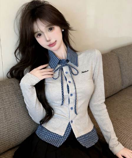 실사 새로운 자이언트 잘 생긴 레트로 체크무늬 페이크 레이어드 POLO 칼라 긴팔 패치워크 티셔츠 맨위 여성