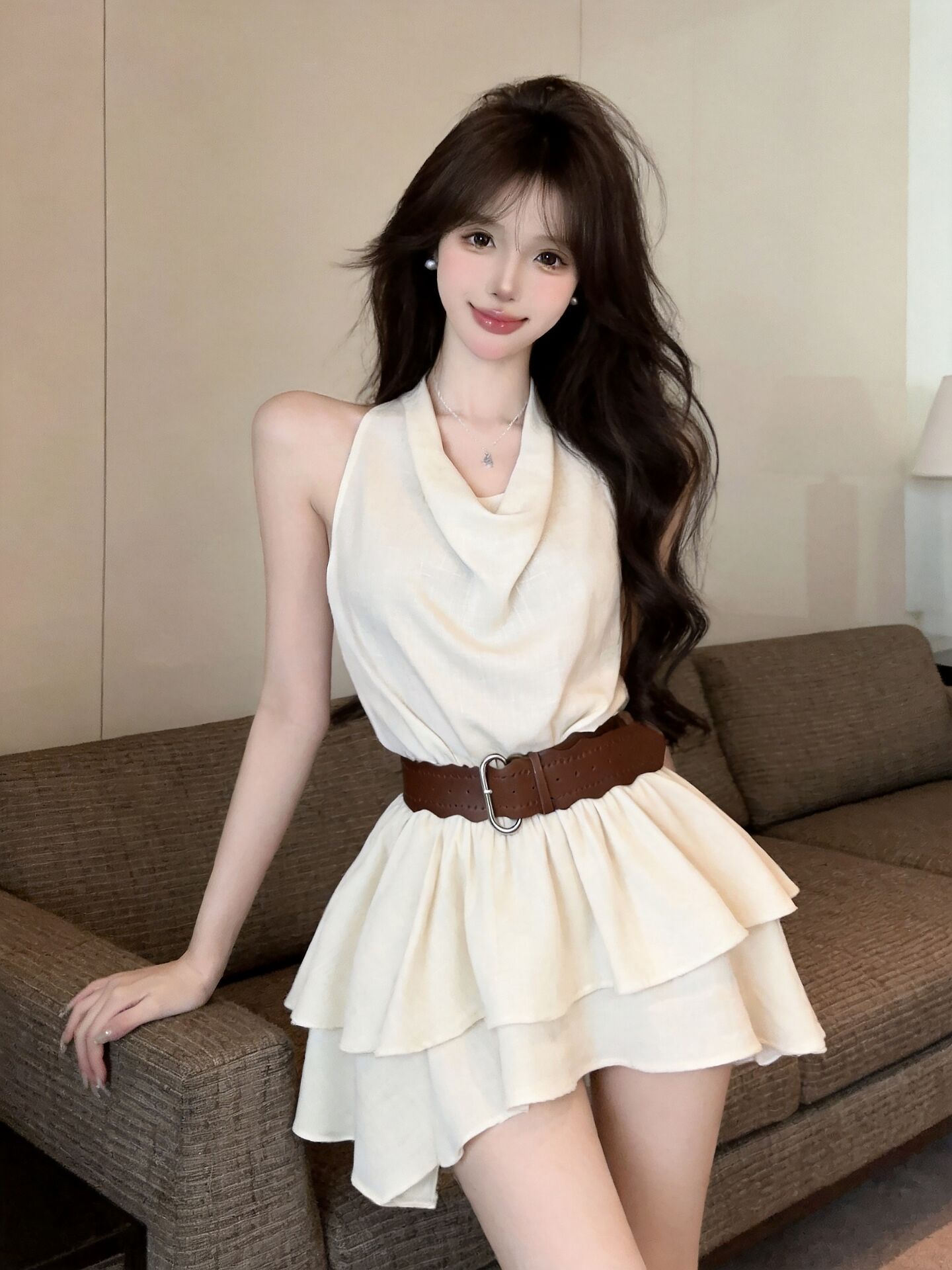 실사 새로운 한국 스타일 ins 바람 miu 부서 행침 목 말뚝 더미 칼라 프릴 불규칙 여성 드레스 벨트 포함