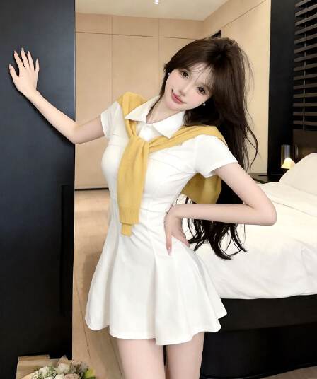 실사 새로운 한국 스타일 ins 바람 miu 부서 센스 POLO 칼라 고유 한 디자인 센스 허리 수축 여성 드레스 숄