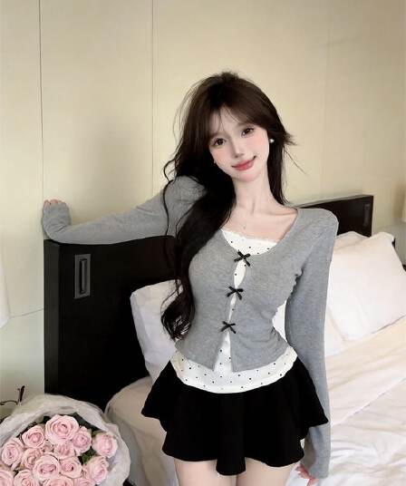 실사 새로운 순수한 욕망 핫걸 고유 한 디자인 센스 나비 매듭 페이크 레이어드 패치워크 긴팔 맨위 여성