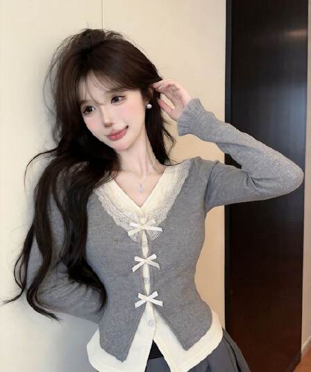 실사 새로운 순수한 욕망 핫걸 고유 한 V넥 페이크 레이어드 긴팔 나비 매듭 기본 셔츠 맨위 여성