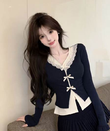 실사 새로운 순수한 욕망 핫걸 고유 한 V넥 프릴 페이크 레이어드 긴팔 나비 매듭 기본 셔츠 맨위 여성