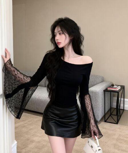 실사 새로운 순수한 욕망 섹시함 핫걸 바람 레이스 부문 나팔 소매 몸매 가꾸기 티셔츠 맨위 여성